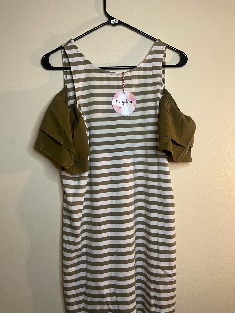 NWT Hayden White and Olive Striped Cold-Shoulder Top